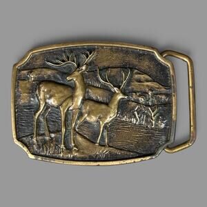 Vintage 1970' BTS Belt Buckle Solid Brass Deer Buck Stag Hunting